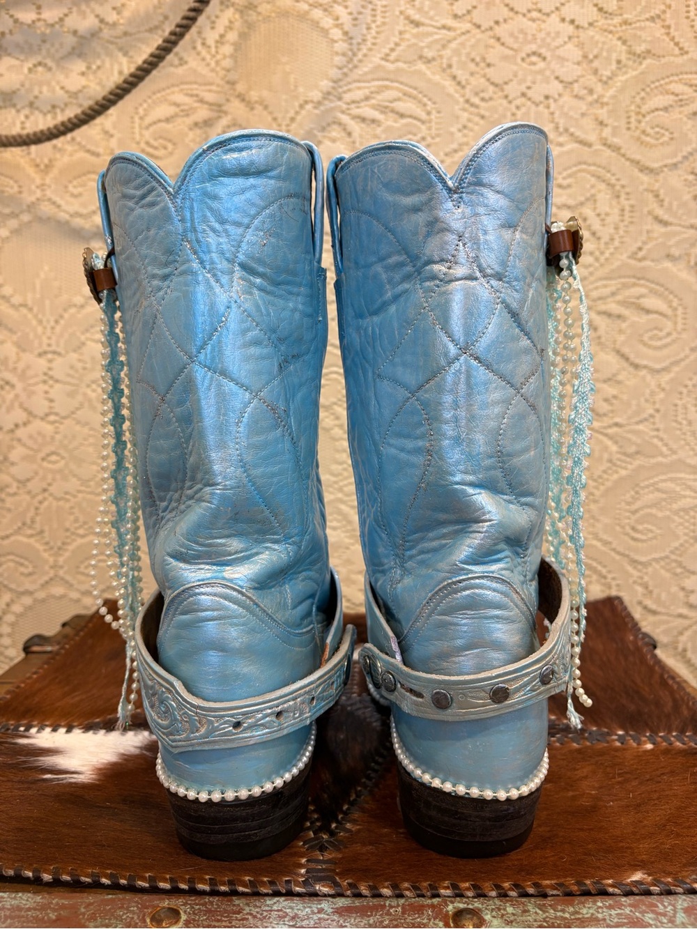 Handcrafted Tony Lama Metallic Light Blue Western Heart Accent Bridal Bling Boot - Picture 6 of 13